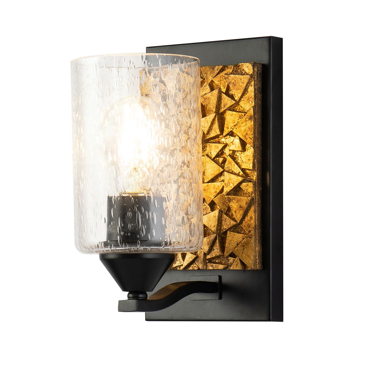 Lucas & McKearn Bocage 1-Light Matte Black & Antique Gold Wall Light With Seeded Clear Glass Cylinder Shade