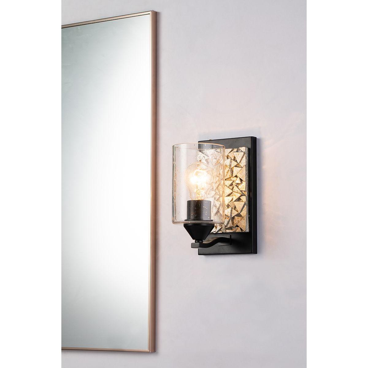 Lucas & McKearn Bocage 1-Light Matte Black & Antique Silver Wall Light With Seeded Clear Glass Cylinder Shade