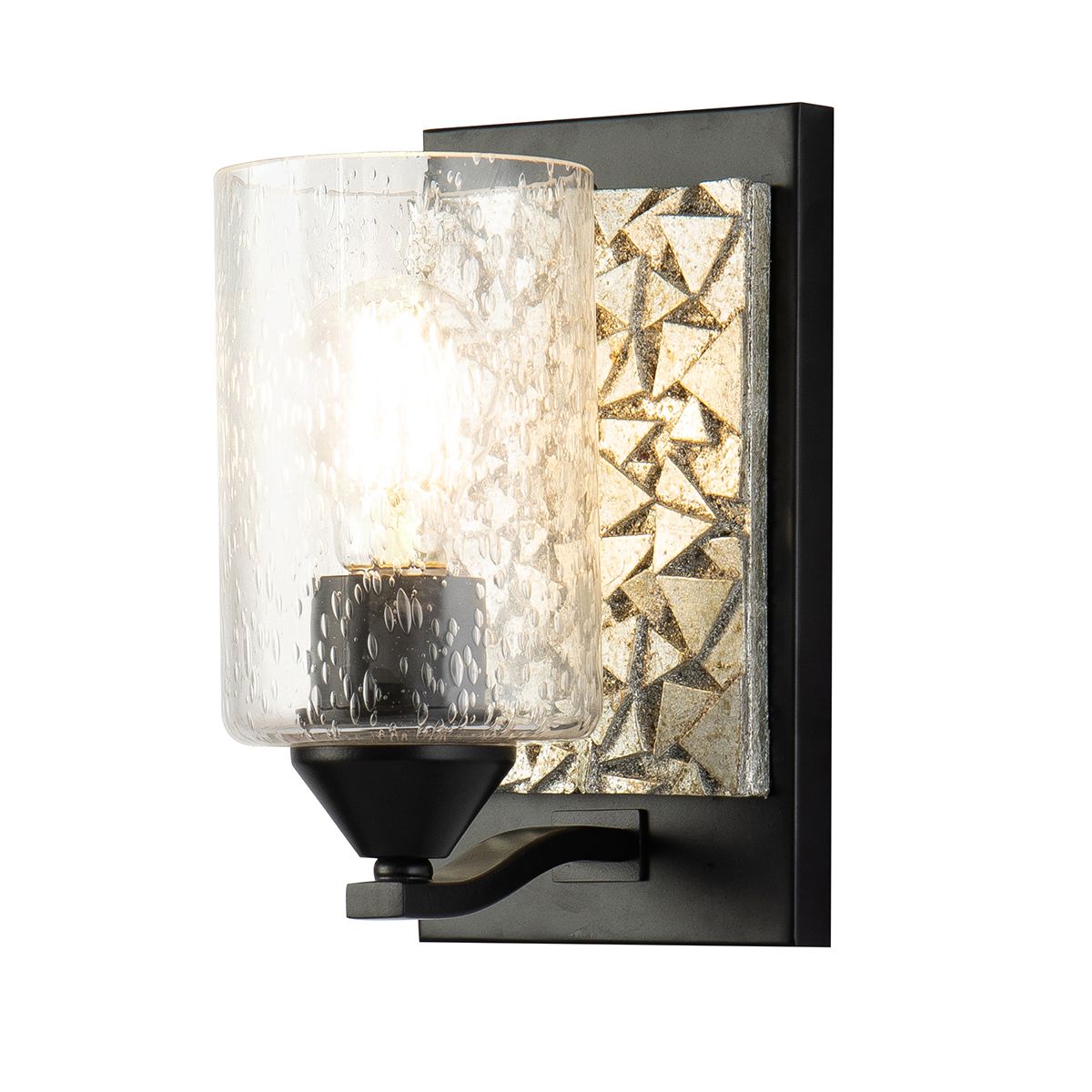Lucas & McKearn Bocage 1-Light Matte Black & Antique Silver Wall Light With Seeded Clear Glass Cylinder Shade