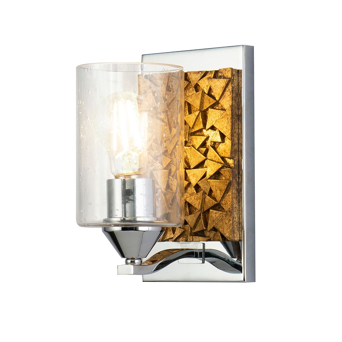 Lucas & McKearn Bocage 1-Light Polished Chrome & Antique Gold Wall Light With Seeded Clear Glass Cylinder Shade