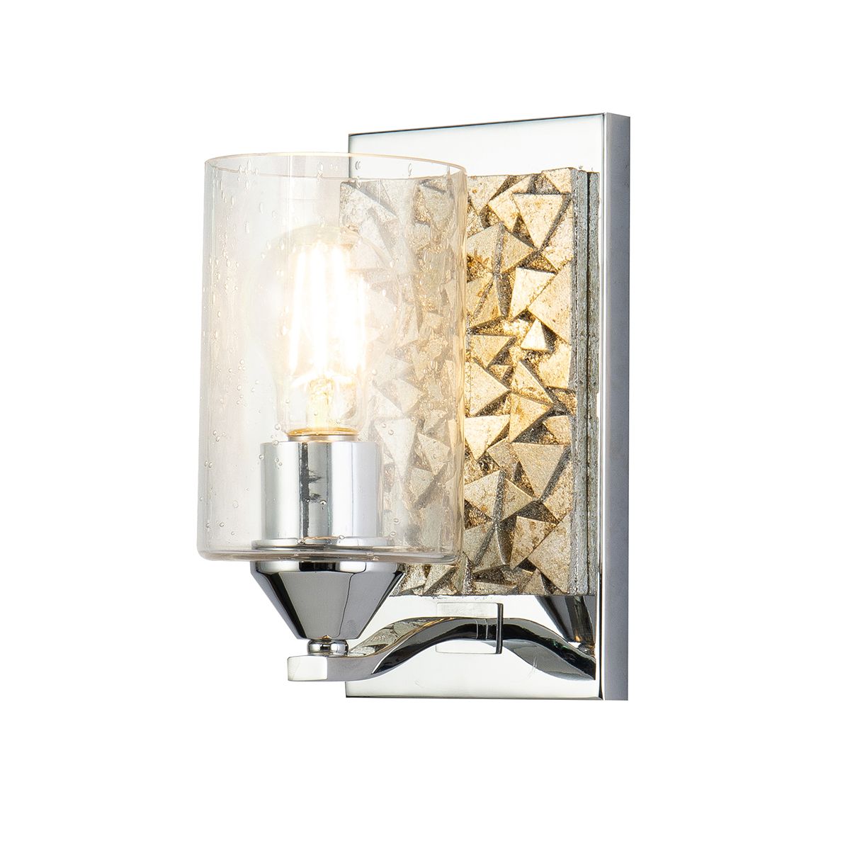 Lucas & McKearn Bocage 1-Light Polished Chrome & Antique Silver Wall Light With Seeded Clear Glass Cylinder Shade