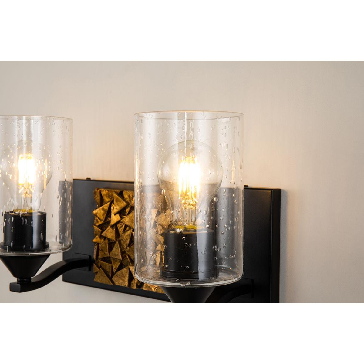 Lucas & McKearn Bocage 2-Light Matte Black & Antique Gold Wall Light With Seeded Clear Glass Cylinder Shade