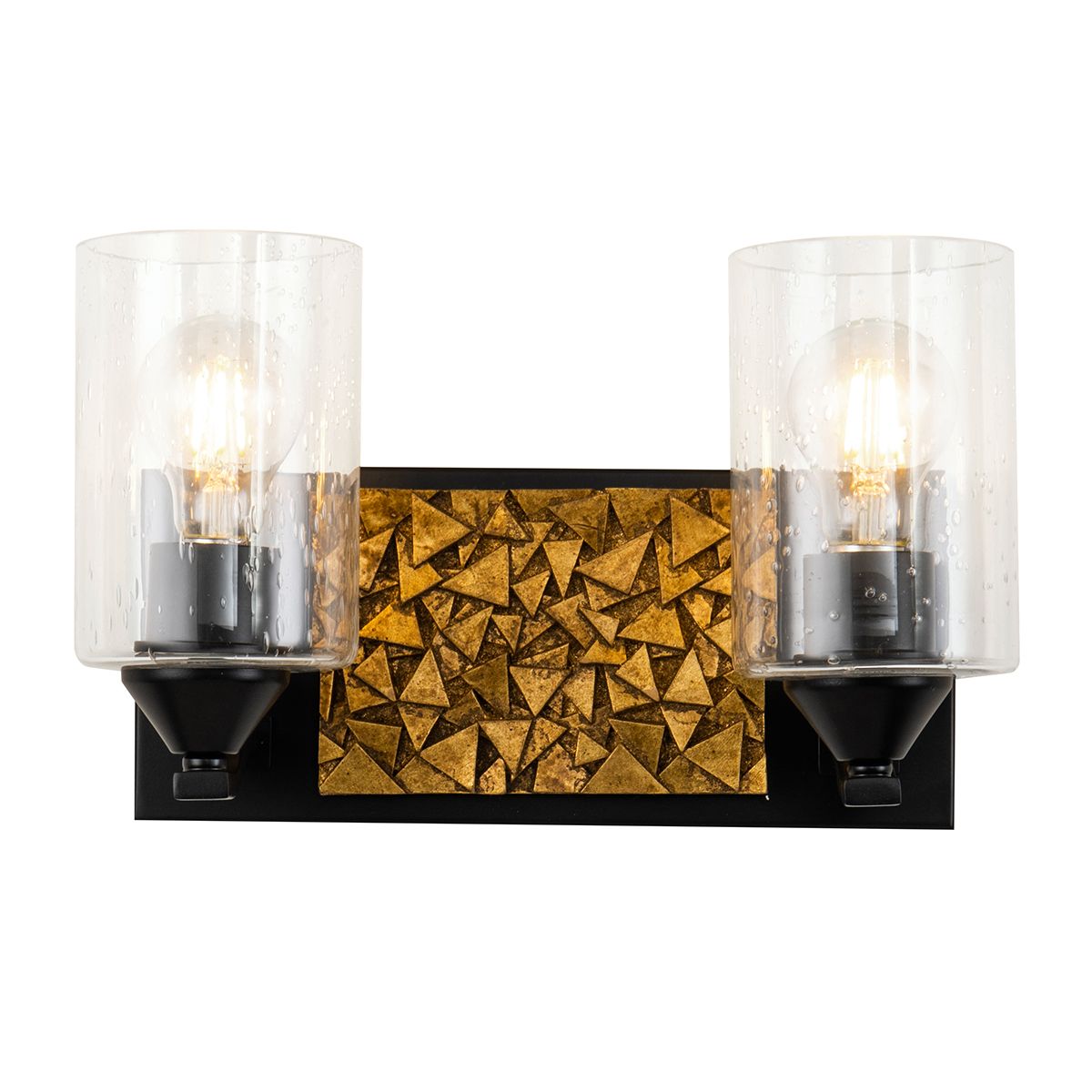 Lucas & McKearn Bocage 2-Light Matte Black & Antique Gold Wall Light With Seeded Clear Glass Cylinder Shade