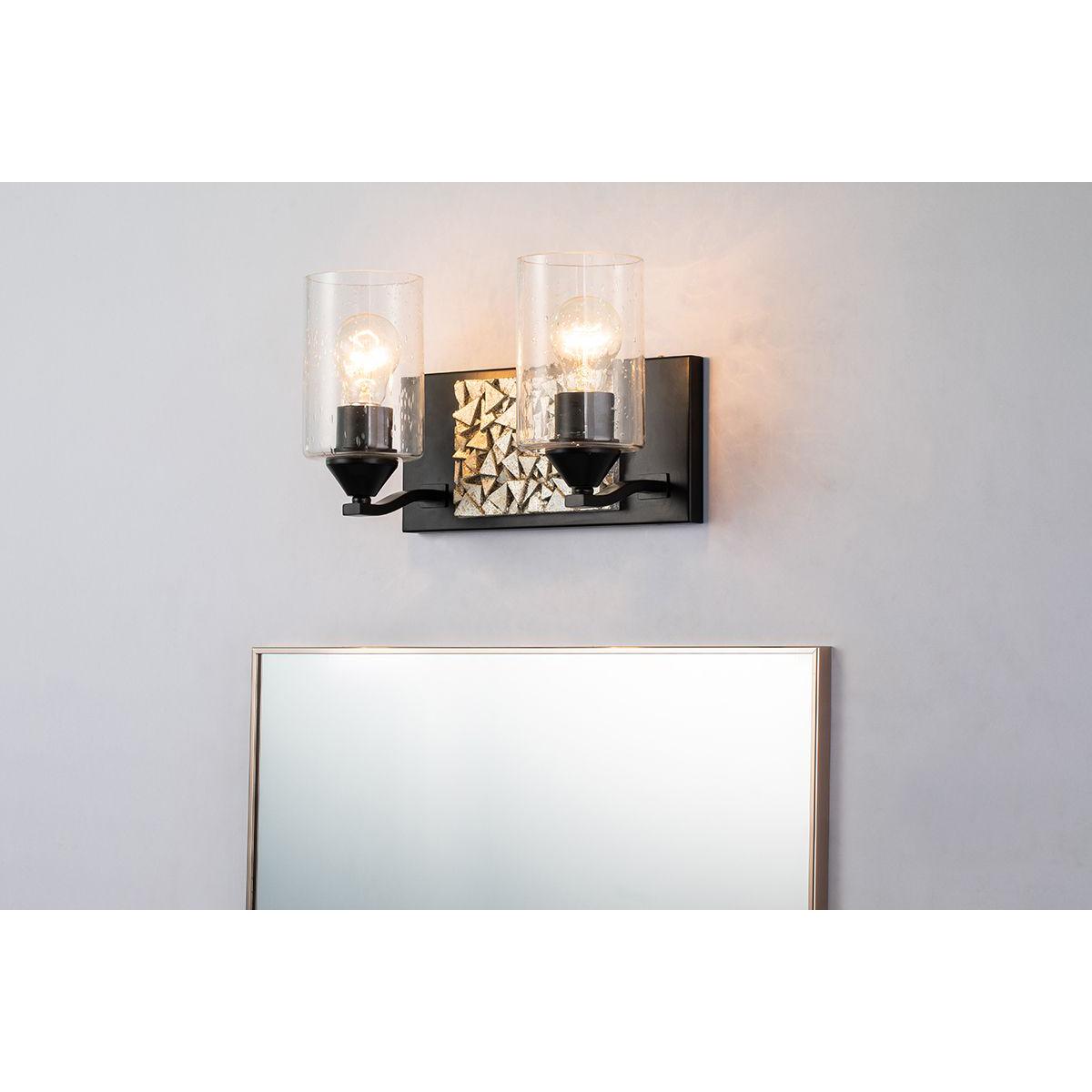Lucas & McKearn Bocage 2-Light Matte Black & Antique Silver Wall Light With Seeded Clear Glass Cylinder Shade