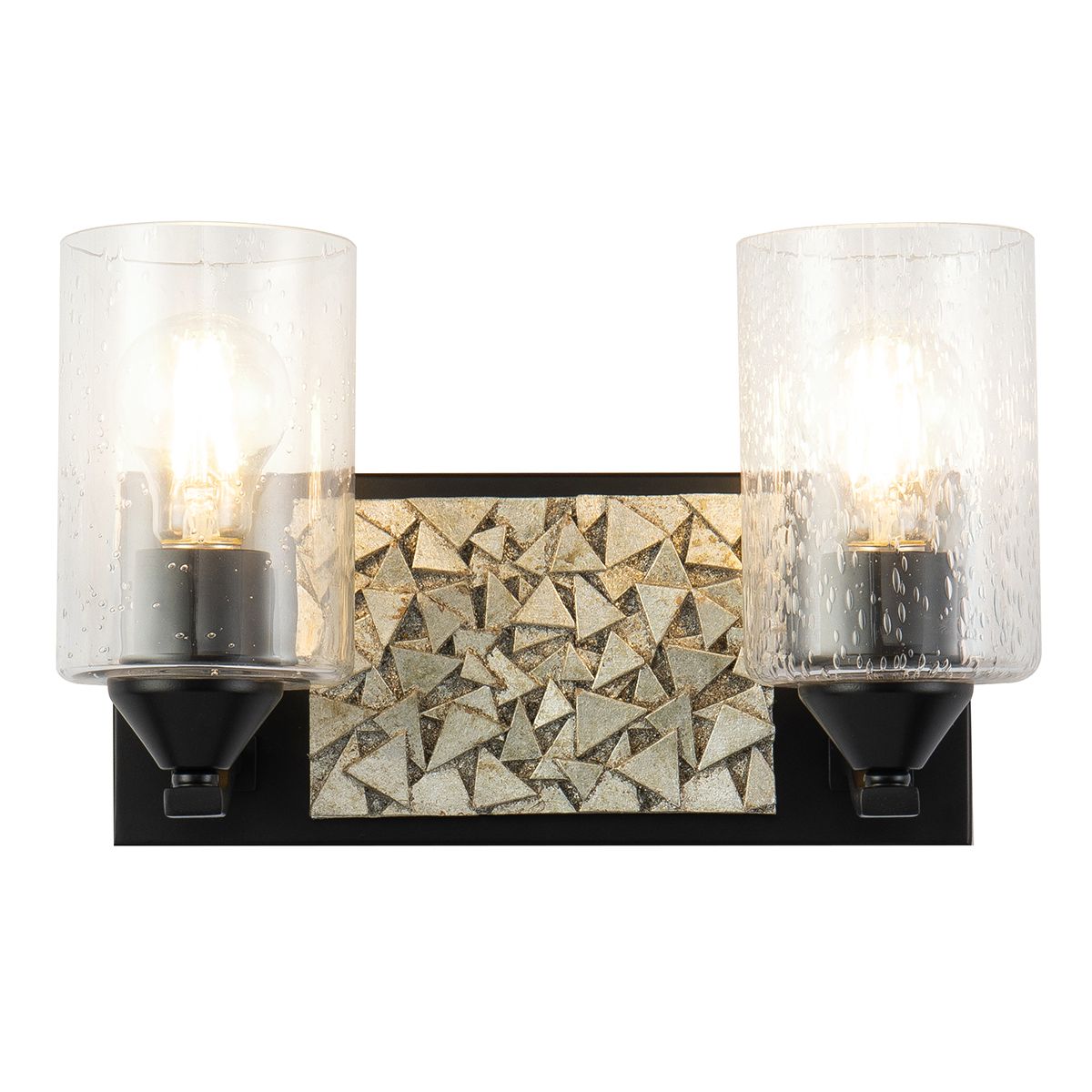 Lucas & McKearn Bocage 2-Light Matte Black & Antique Silver Wall Light With Seeded Clear Glass Cylinder Shade