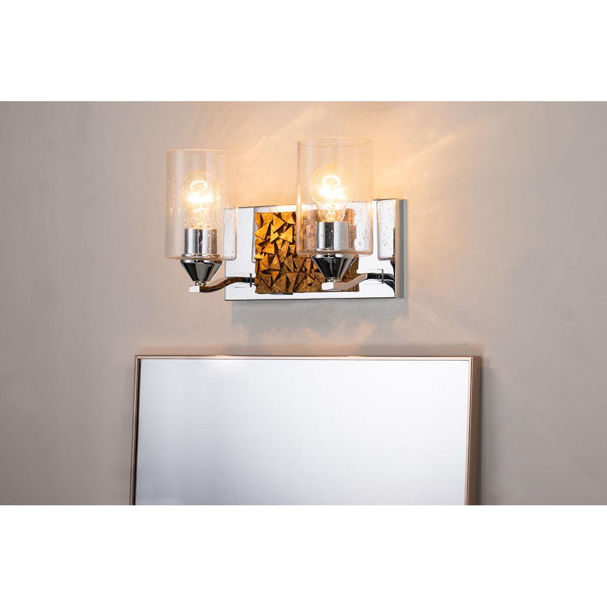 Lucas & McKearn Bocage 2-Light Polished Chrome & Antique Gold Wall Light With Seeded Clear Glass Cylinder Shade