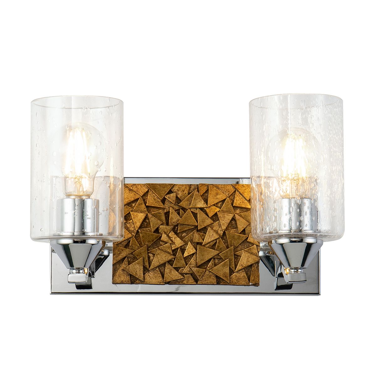 Lucas & McKearn Bocage 2-Light Polished Chrome & Antique Gold Wall Light With Seeded Clear Glass Cylinder Shade