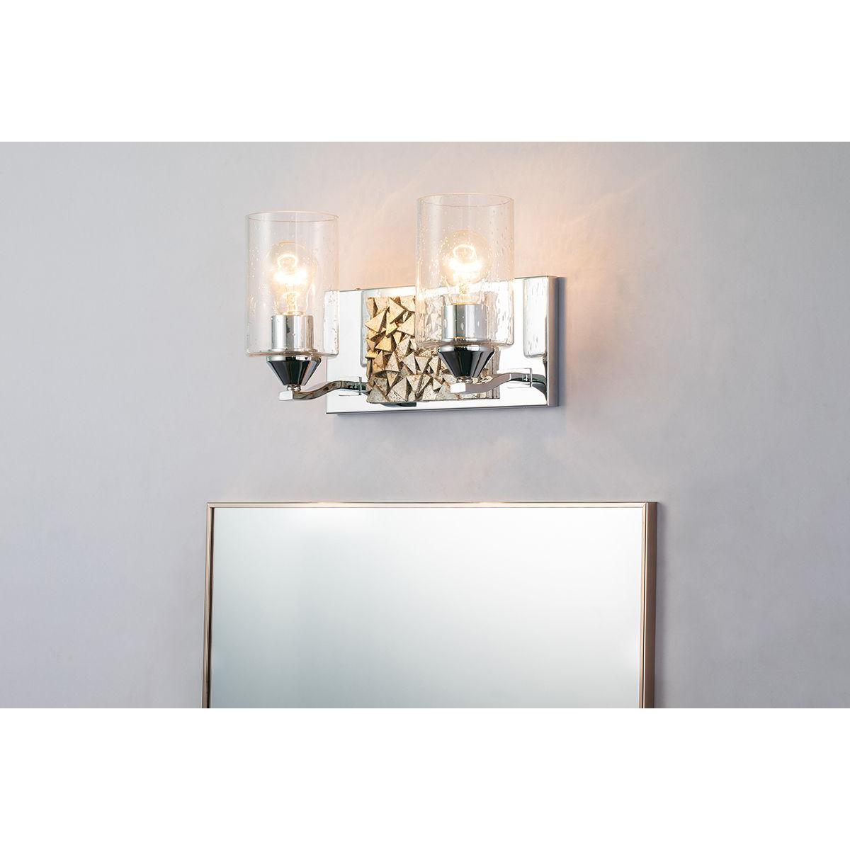 Lucas & McKearn Bocage 2-Light Polished Chrome & Antique Silver Wall Light With Seeded Clear Glass Cylinder Shade