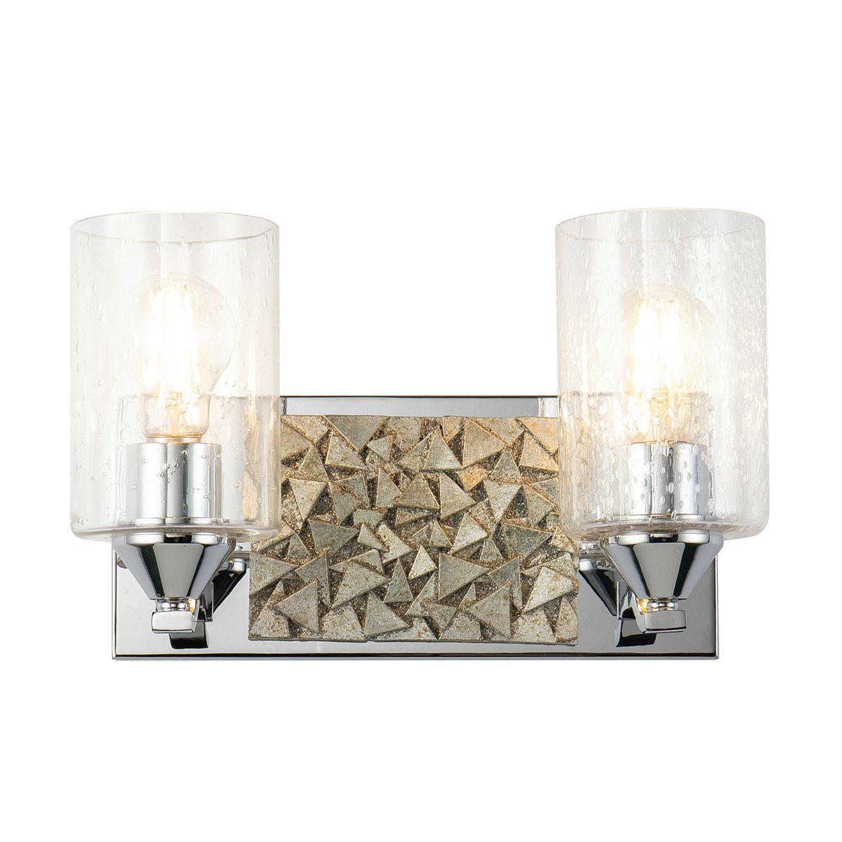 Lucas & McKearn Bocage 2-Light Polished Chrome & Antique Silver Wall Light With Seeded Clear Glass Cylinder Shade