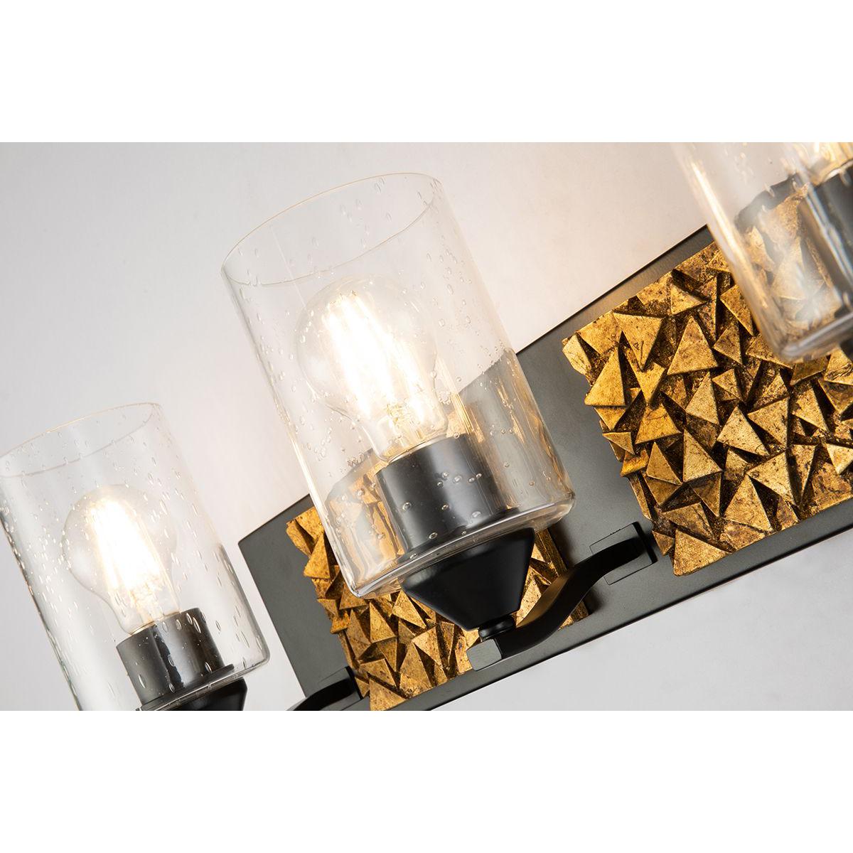 Lucas & McKearn Bocage 3-Light Matte Black & Antique Gold Wall Light With Seeded Clear Glass Cylinder Shade