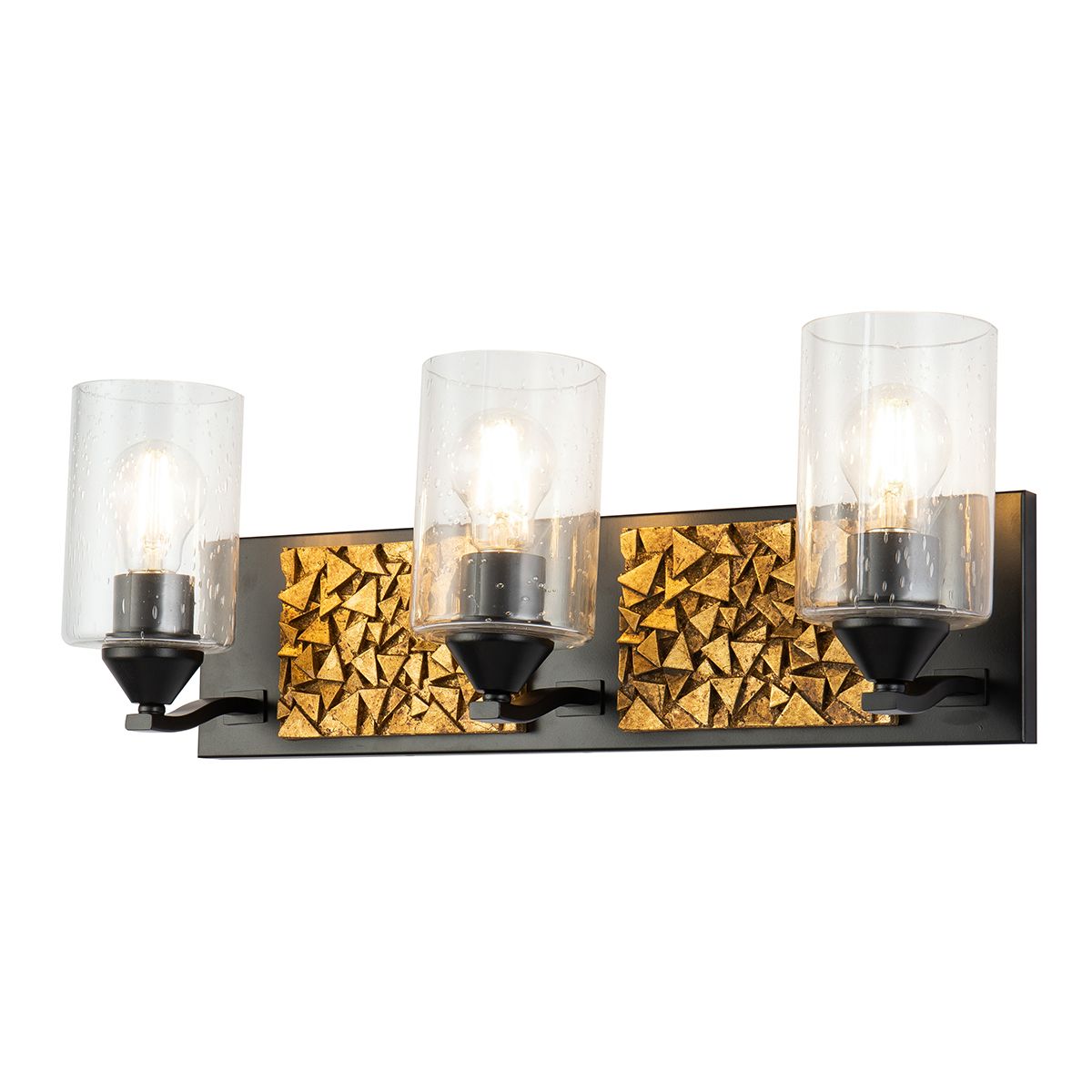 Lucas & McKearn Bocage 3-Light Matte Black & Antique Gold Wall Light With Seeded Clear Glass Cylinder Shade
