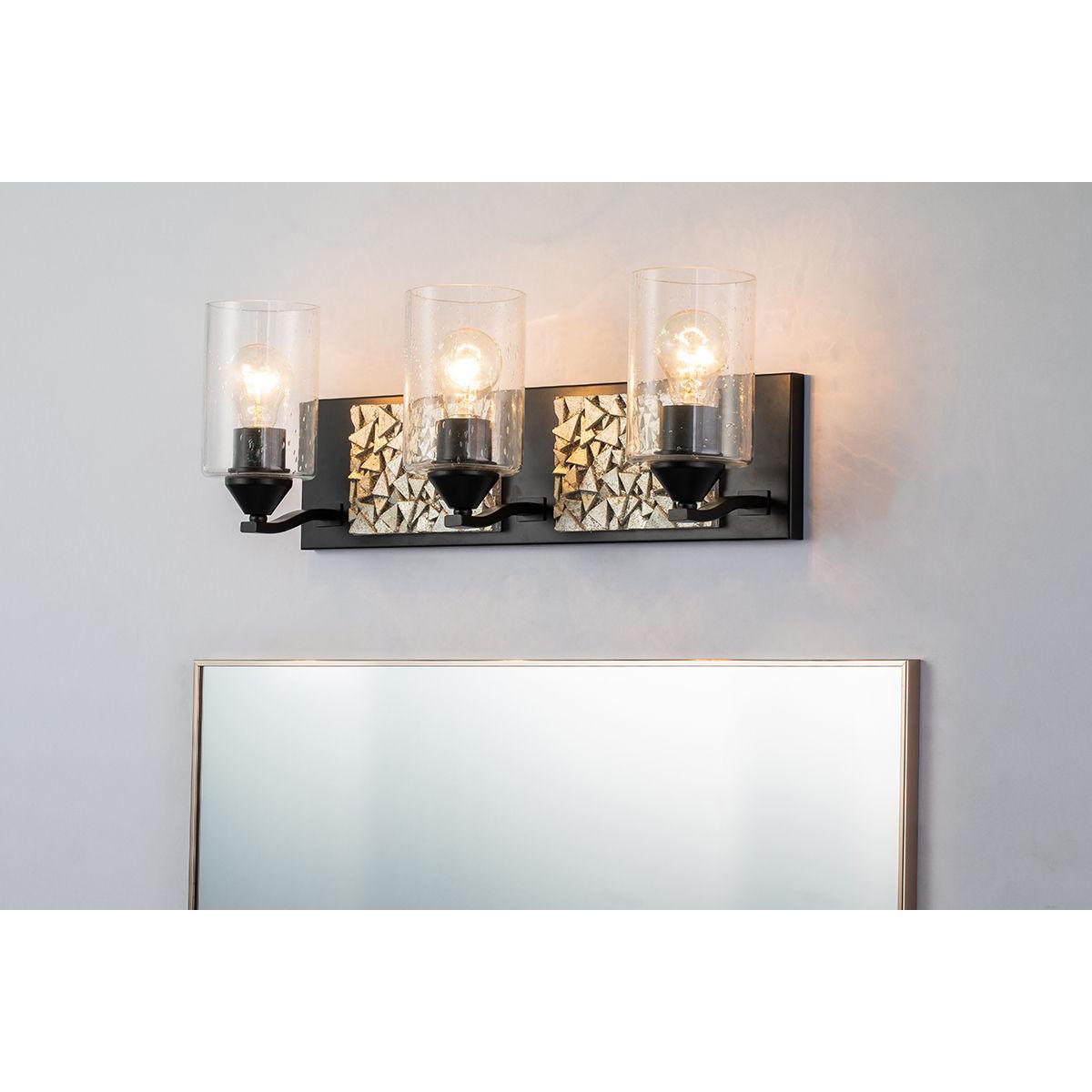 Lucas & McKearn Bocage 3-Light Matte Black & Antique Silver Wall Light With Seeded Clear Glass Cylinder Shade