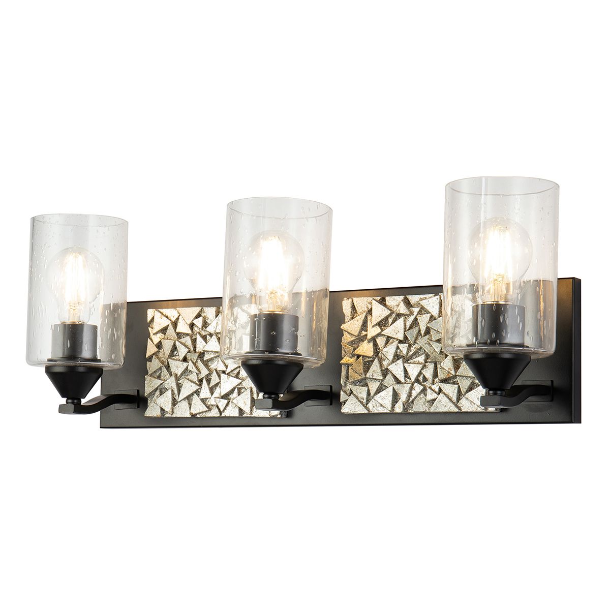 Lucas & McKearn Bocage 3-Light Matte Black & Antique Silver Wall Light With Seeded Clear Glass Cylinder Shade