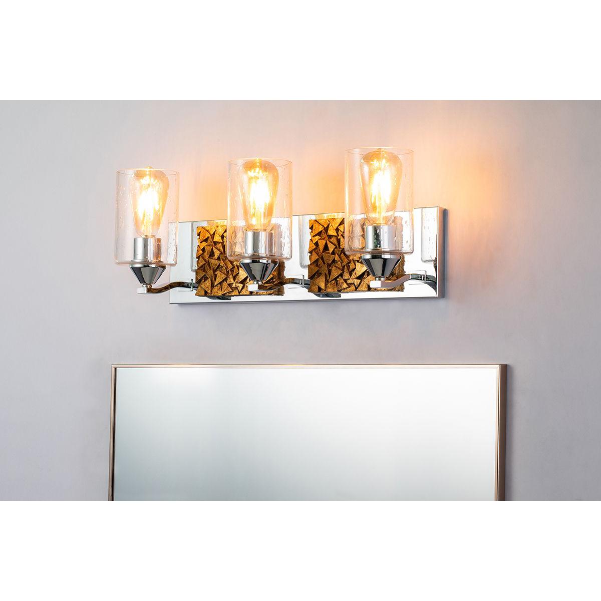 Lucas & McKearn Bocage 3-Light Polished Chrome & Antique Gold Wall Light With Seeded Clear Glass Cylinder Shade