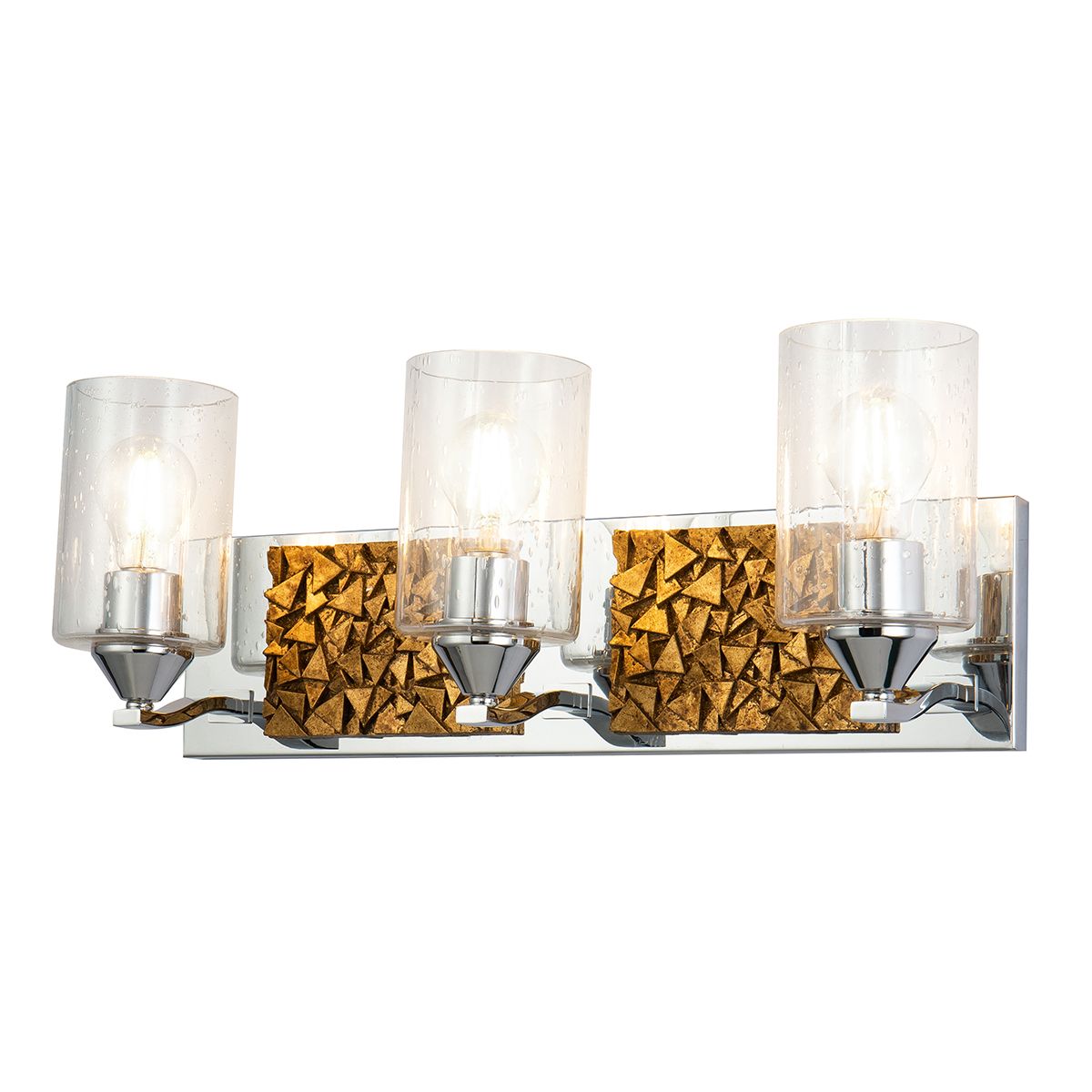 Lucas & McKearn Bocage 3-Light Polished Chrome & Antique Gold Wall Light With Seeded Clear Glass Cylinder Shade