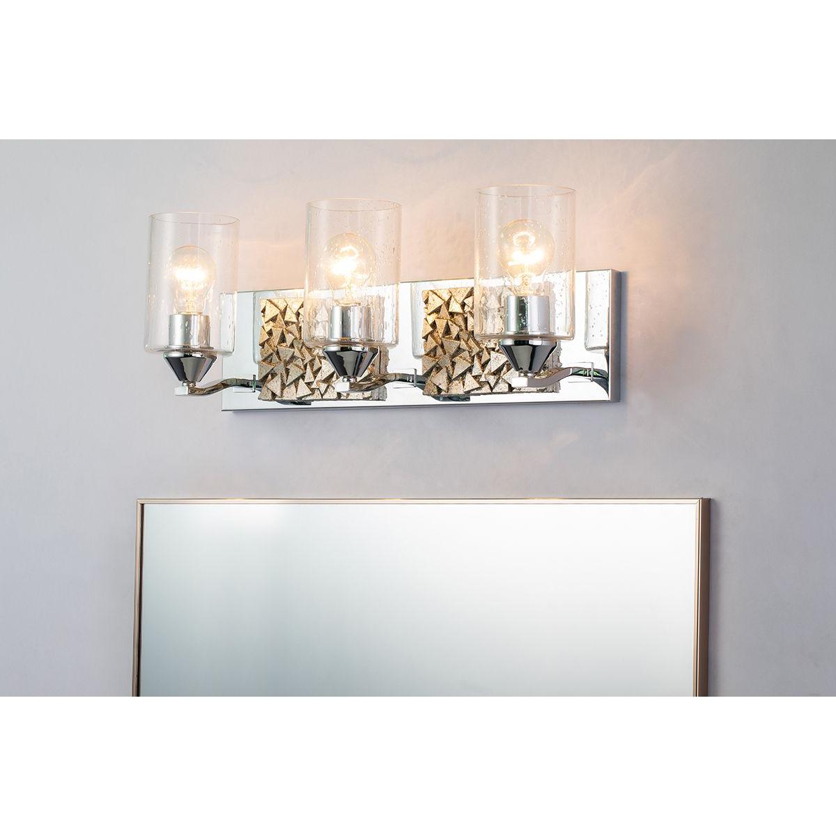Lucas & McKearn Bocage 3-Light Polished Chrome & Antique Silver Wall Light With Seeded Clear Glass Cylinder Shade