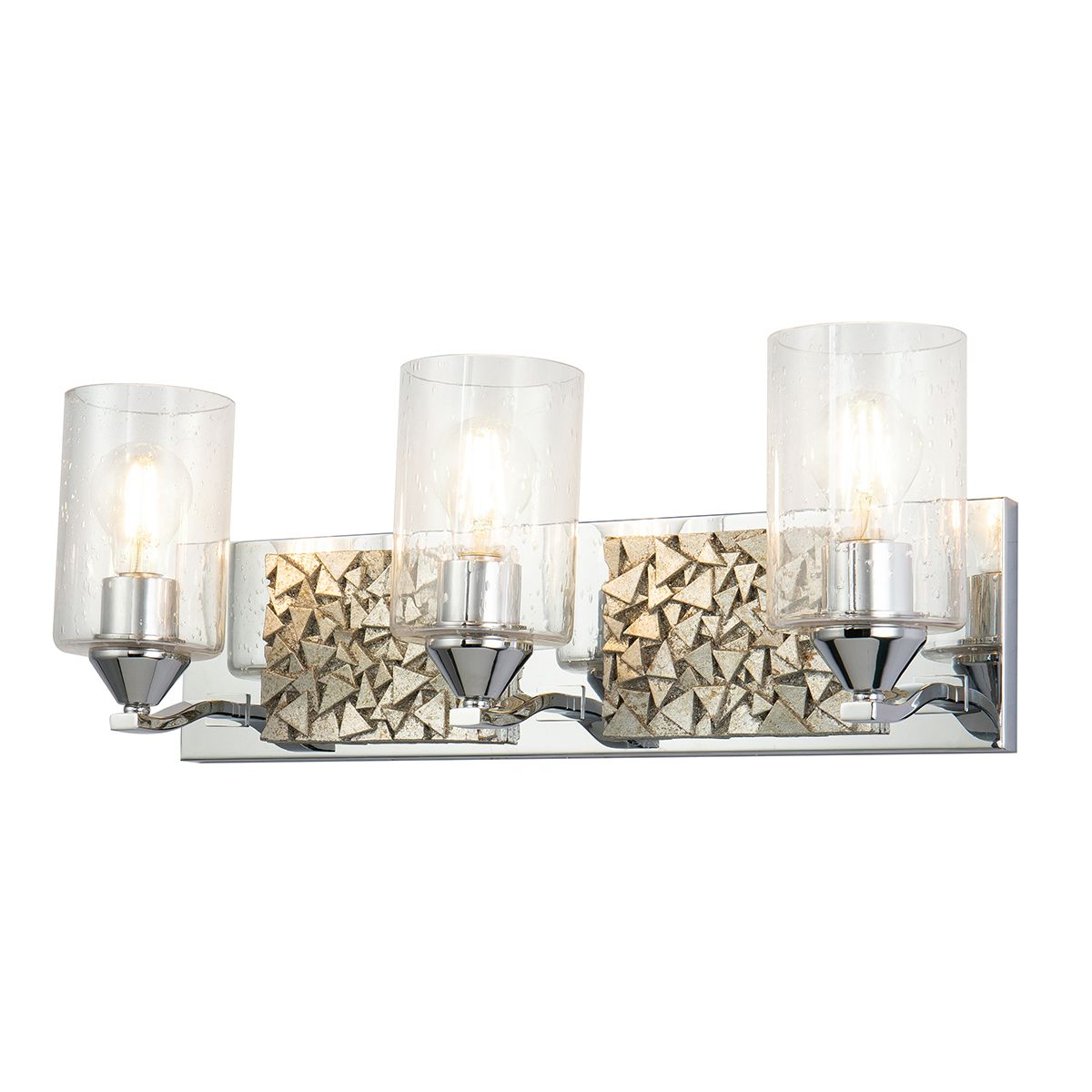 Lucas & McKearn Bocage 3-Light Polished Chrome & Antique Silver Wall Light With Seeded Clear Glass Cylinder Shade
