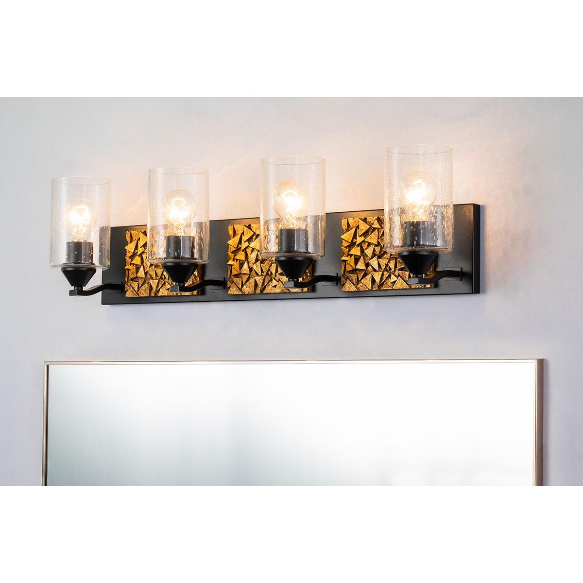 Lucas & McKearn Bocage 4-Light Matte Black & Antique Gold Wall Light With Seeded Clear Glass Cylinder Shade