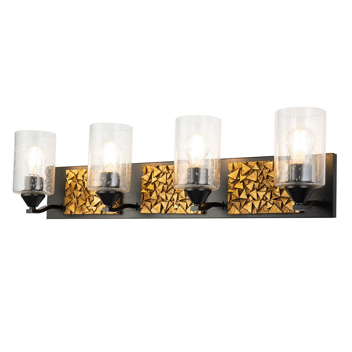 Lucas & McKearn Bocage 4-Light Matte Black & Antique Gold Wall Light With Seeded Clear Glass Cylinder Shade