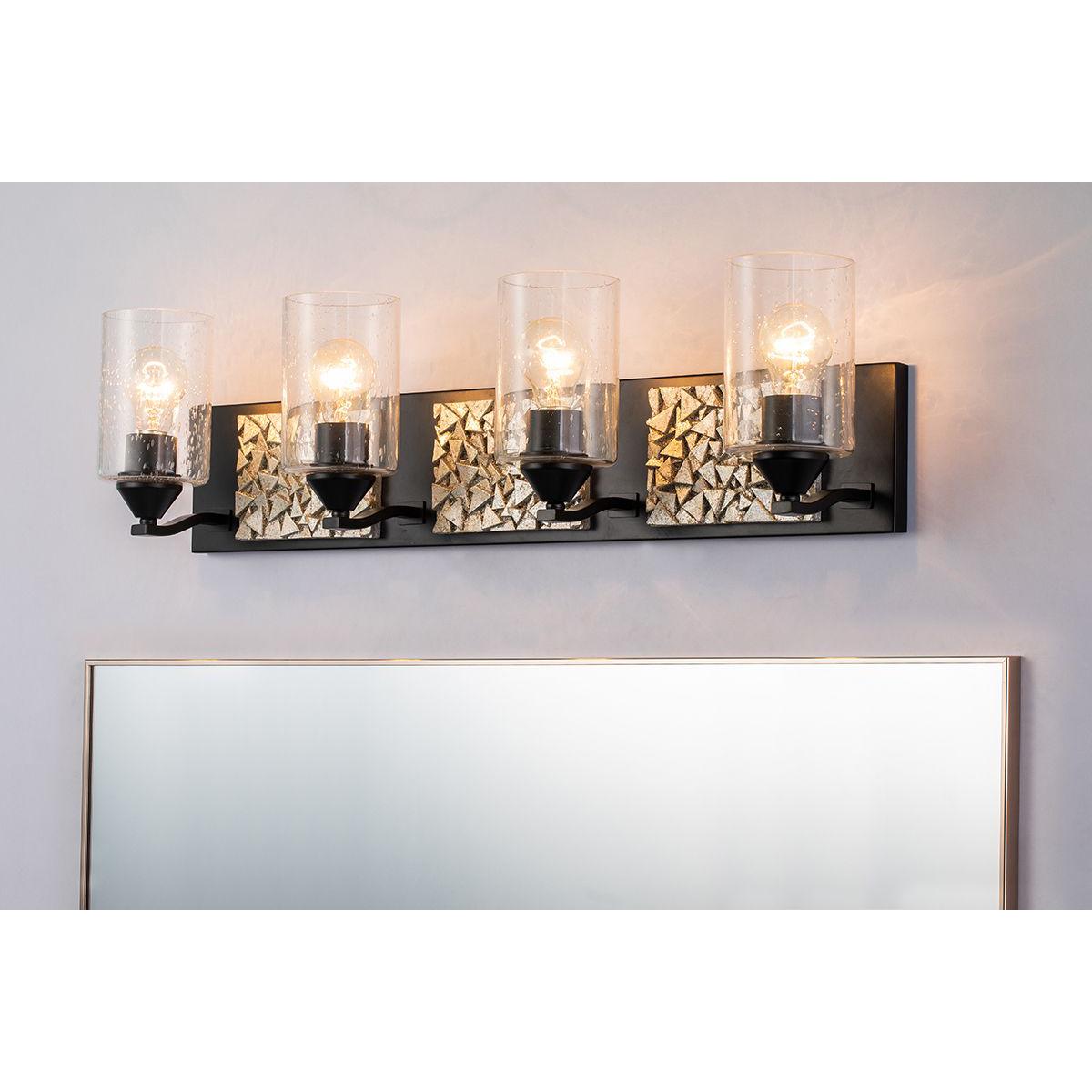 Lucas & McKearn Bocage 4-Light Matte Black & Antique Silver Wall Light With Seeded Clear Glass Cylinder Shade