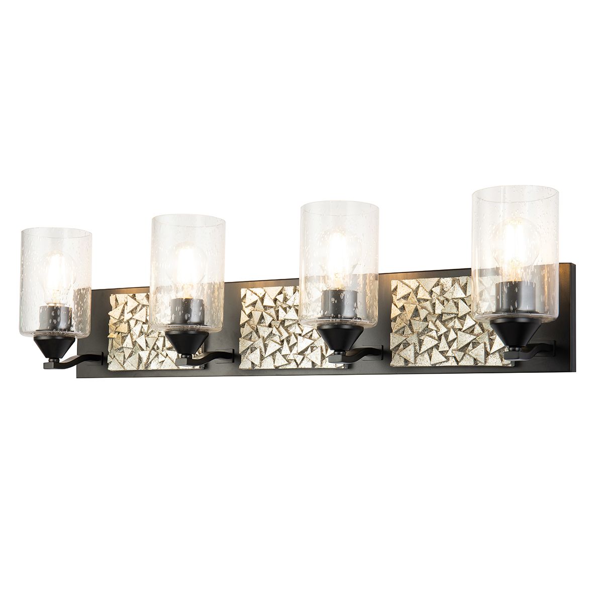 Lucas & McKearn Bocage 4-Light Matte Black & Antique Silver Wall Light With Seeded Clear Glass Cylinder Shade