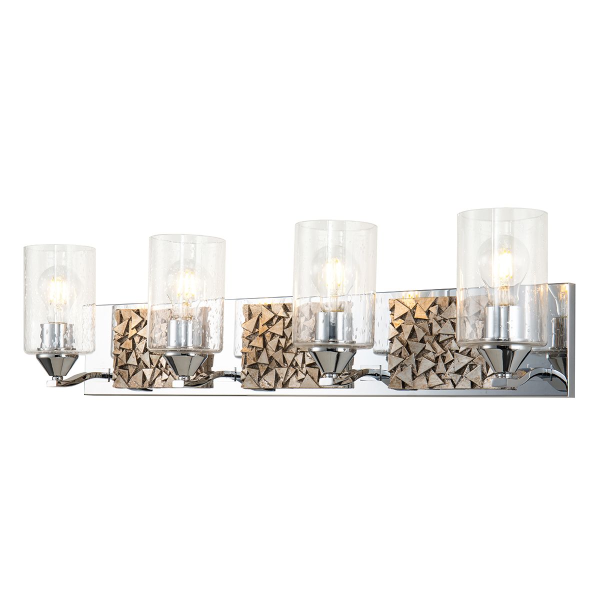 Lucas & McKearn Bocage 4-Light Polished Chrome & Antique Silver Wall Light With Seeded Clear Glass Cylinder Shade