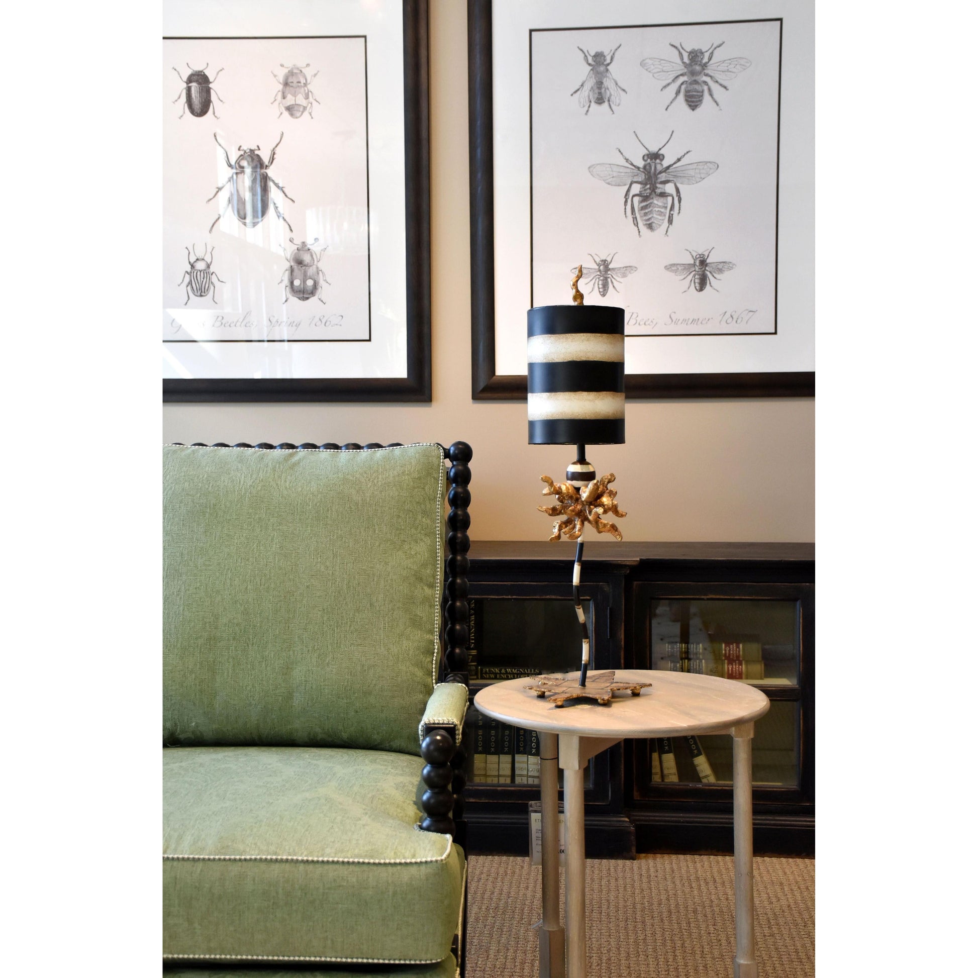 Lucas & McKearn Dominique 25" Black & White Accent Table Lamp With Cylinder-Shape Stripe Shade and Gold Leaf Finial