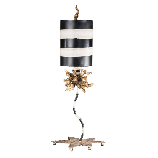 Lucas & McKearn Dominique 25" Black & White Accent Table Lamp With Cylinder-Shape Stripe Shade and Gold Leaf Finial