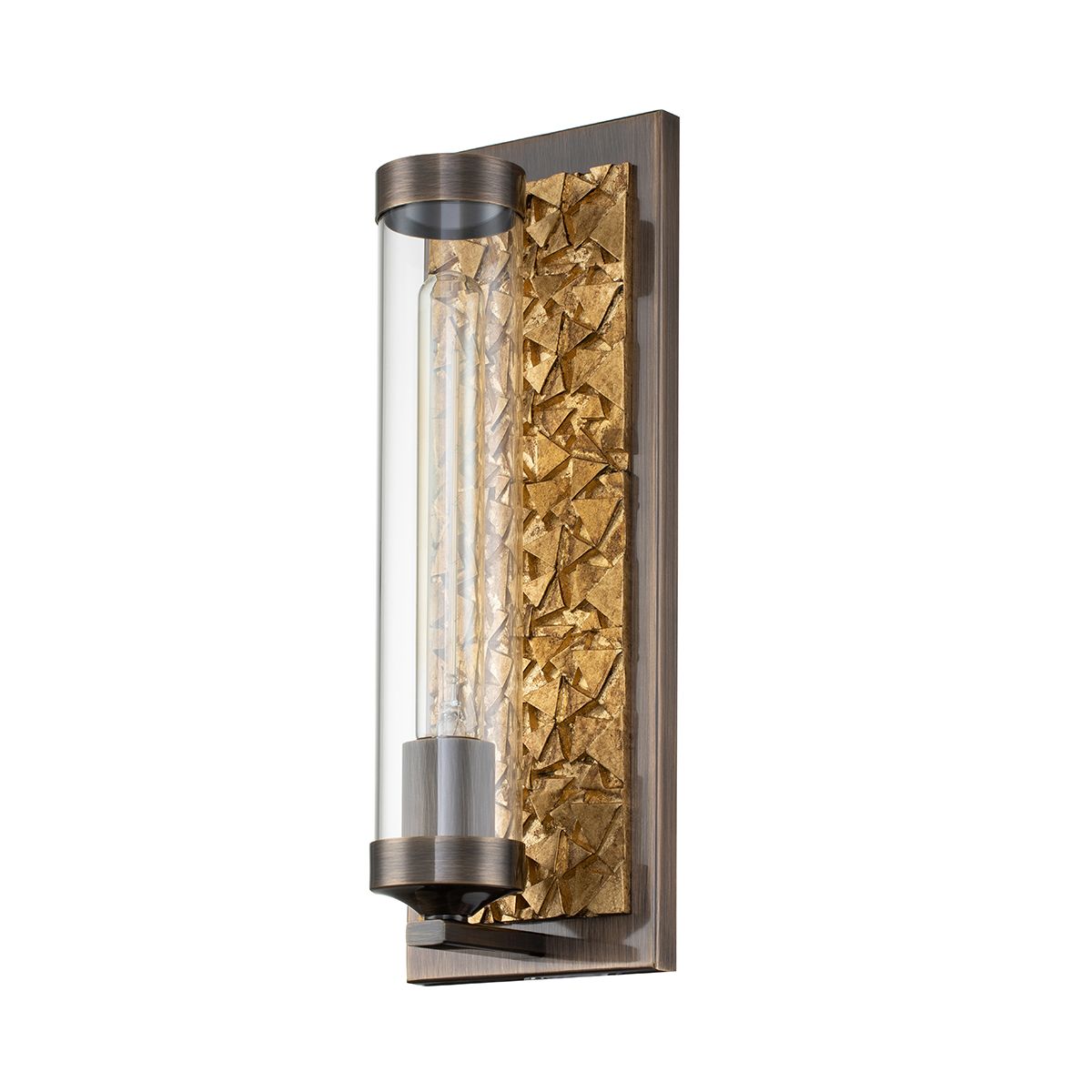 Lucas & McKearn Elysian 1-Light Dark Bronze and Gold Leaf Wall Sconce With Clear Glass Candle Cover