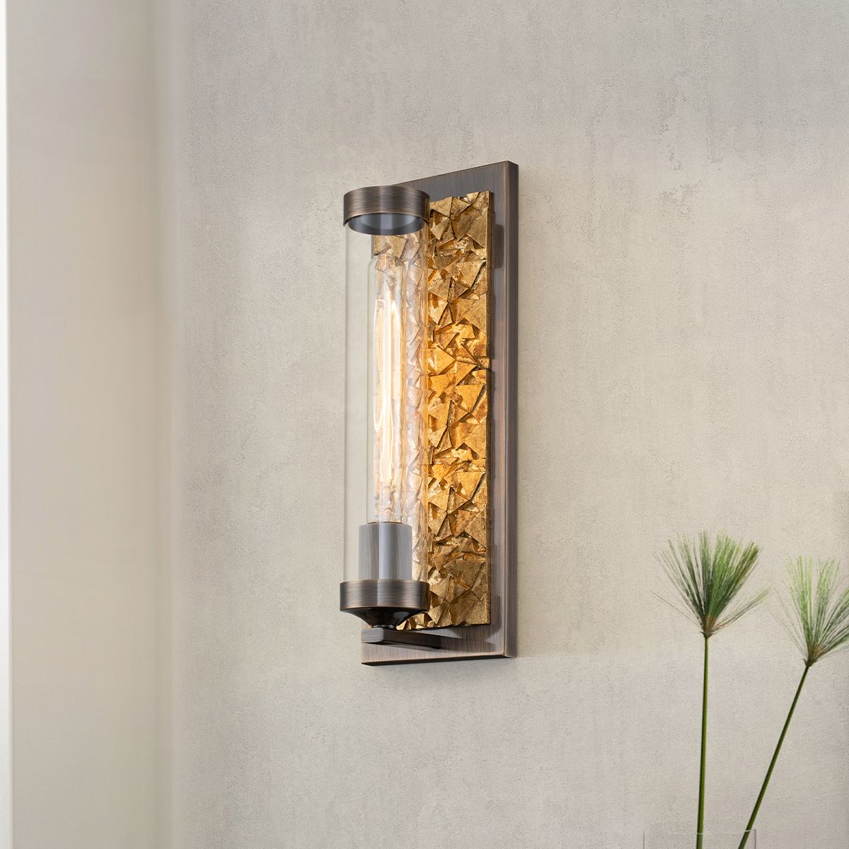 Lucas & McKearn Elysian 1-Light Dark Bronze and Gold Leaf Wall Sconce With Clear Glass Candle Cover