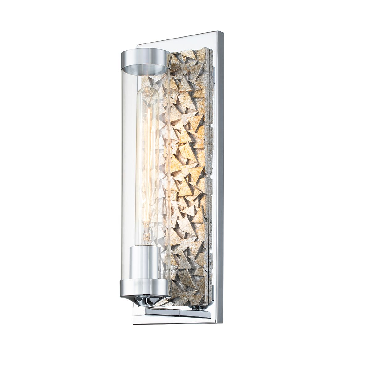 Lucas & McKearn Elysian 1-Light Polished Chrome and Silver Leaf Wall Sconce With Clear Glass Candle Cover
