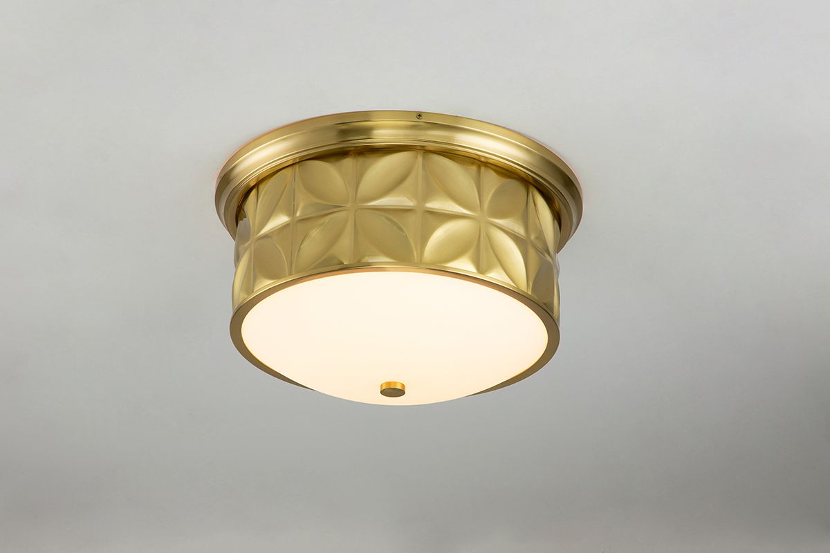 Lucas & McKearn Epsilon 18" Round Aged Brass Flush Mount Lighting With Creamy White Glass Shade