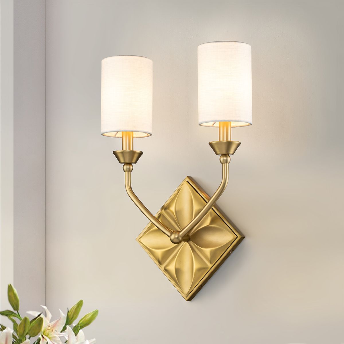 Lucas & McKearn Epsilon 2-Light Aged Brass Wall Sconce With White Fabric Shades