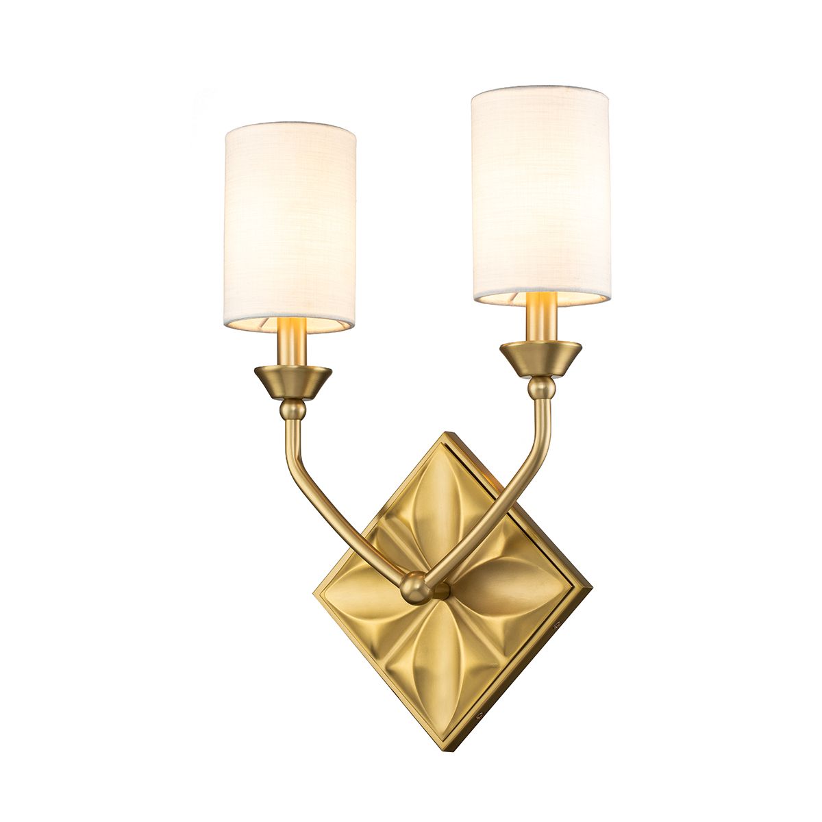 Lucas & McKearn Epsilon 2-Light Aged Brass Wall Sconce With White Fabric Shades