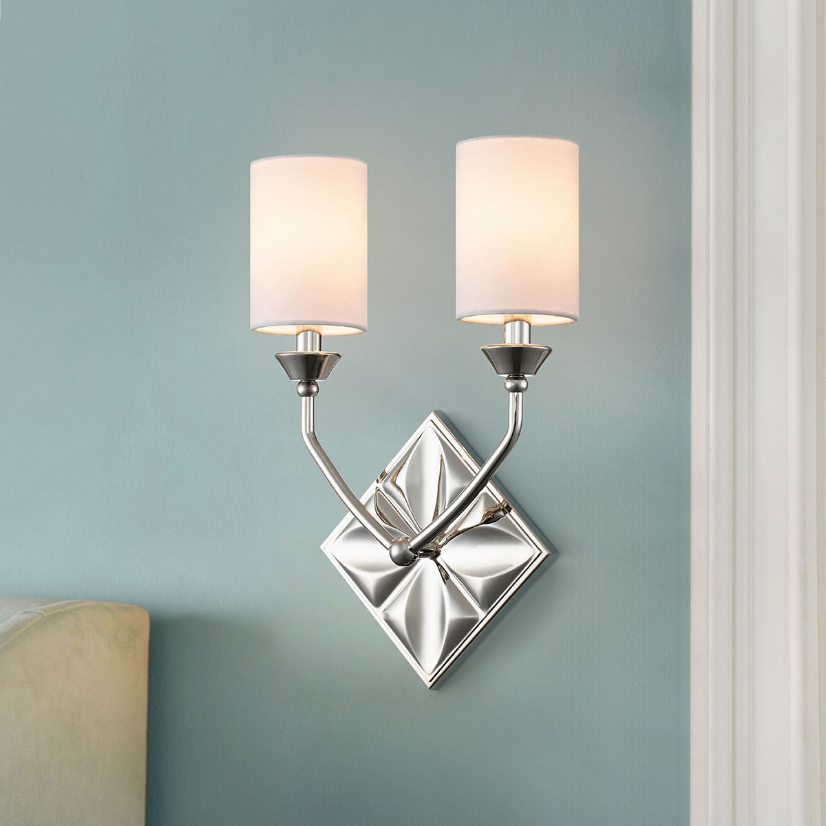 Lucas & McKearn Epsilon 2-Light Polished Chrome Wall Sconce With White Fabric Shades