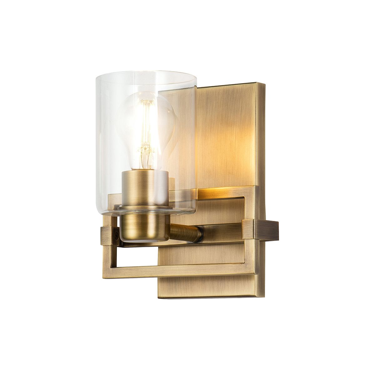 Lucas & McKearn Estes 1-Light Antique Brass Wall Light With Cylinder Shape Clear Glass Shade