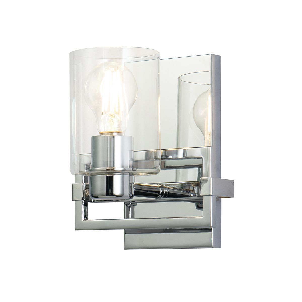 Lucas & McKearn Estes 1-Light Polished Chrome Wall Light With Cylinder Shape Clear Glass Shade