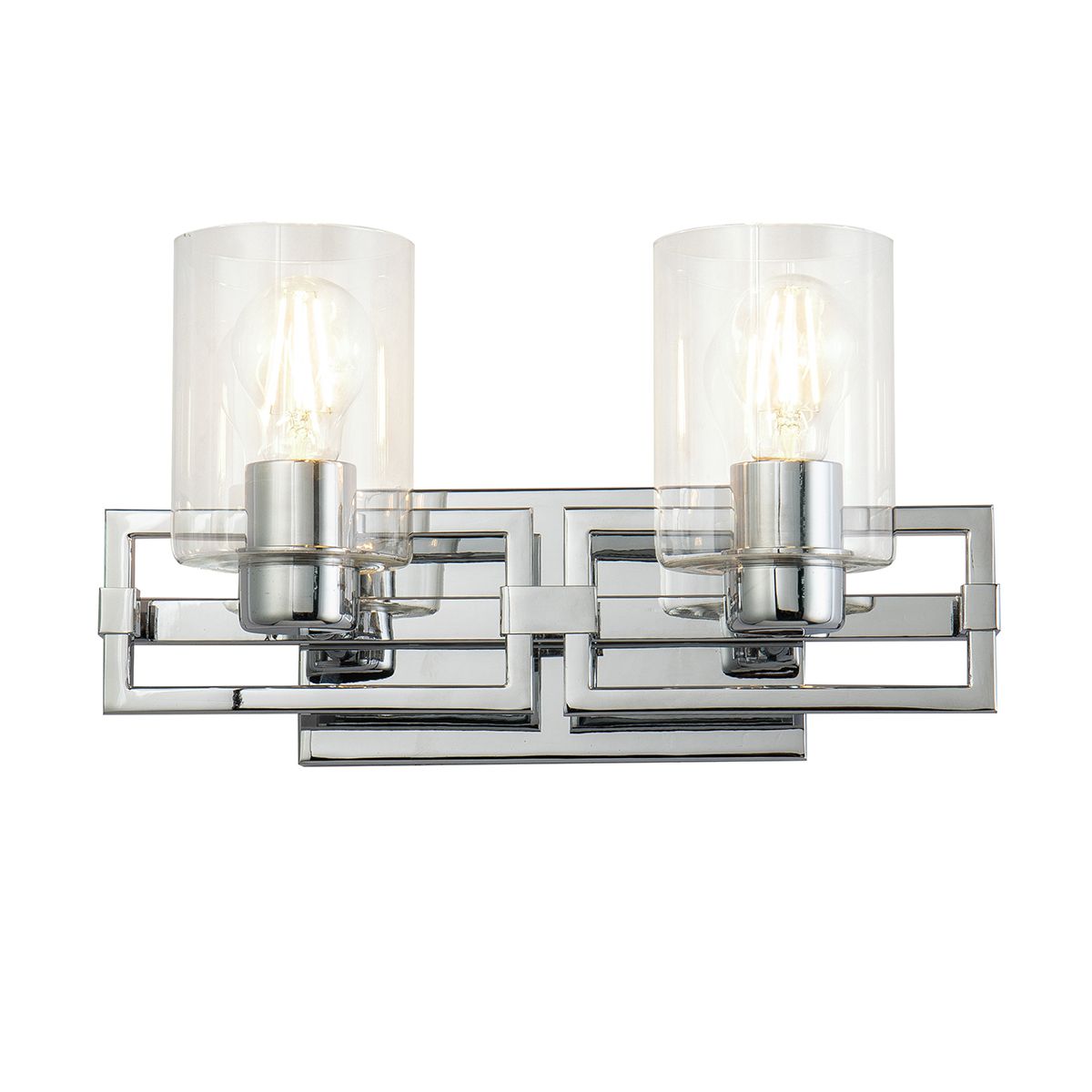 Lucas & McKearn Estes 2-Light Polished Chrome Wall Light With Cylinder Shape Clear Glass Shade
