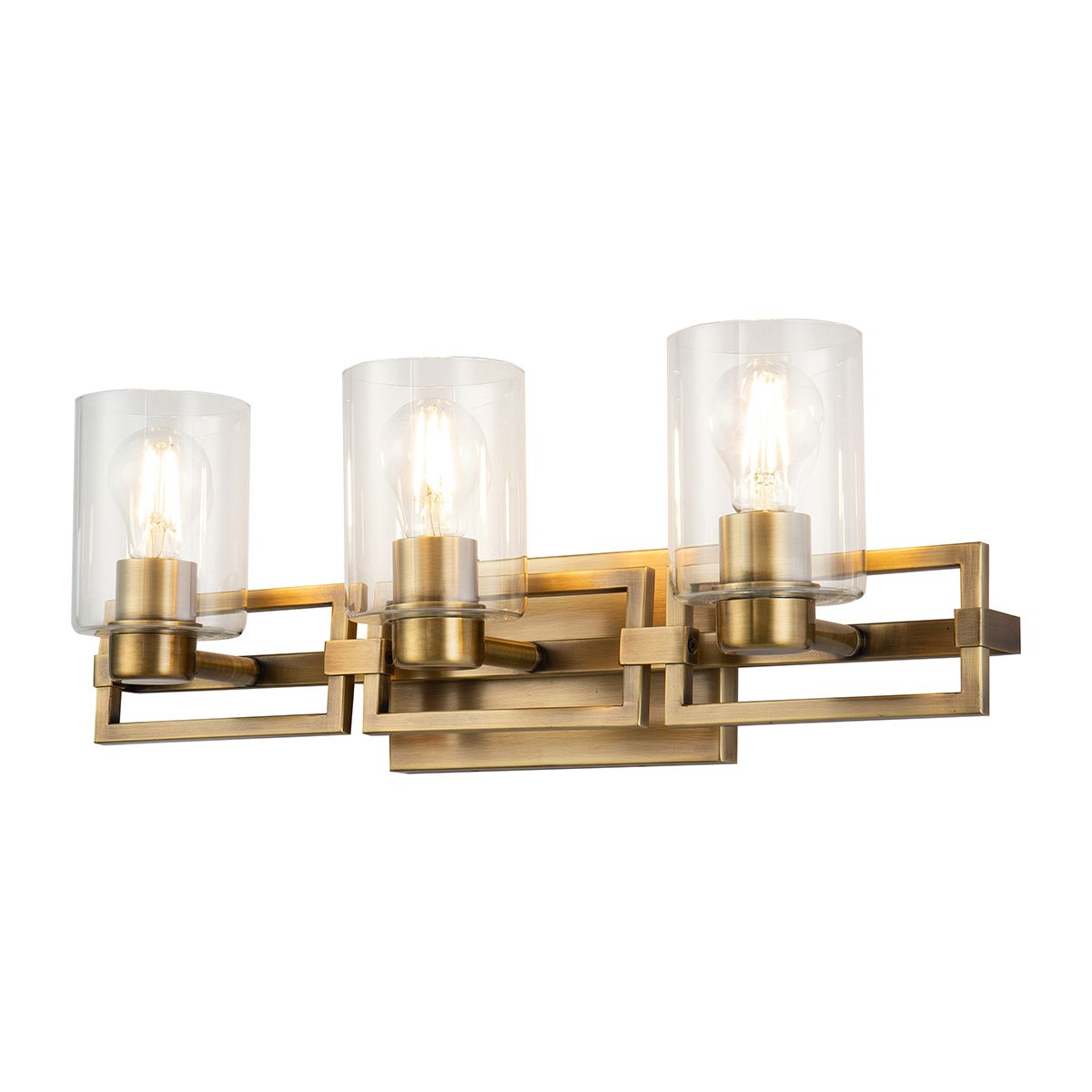 Lucas & McKearn Estes 3-Light Antique Brass Wall Light With Cylinder Shape Clear Glass Shade