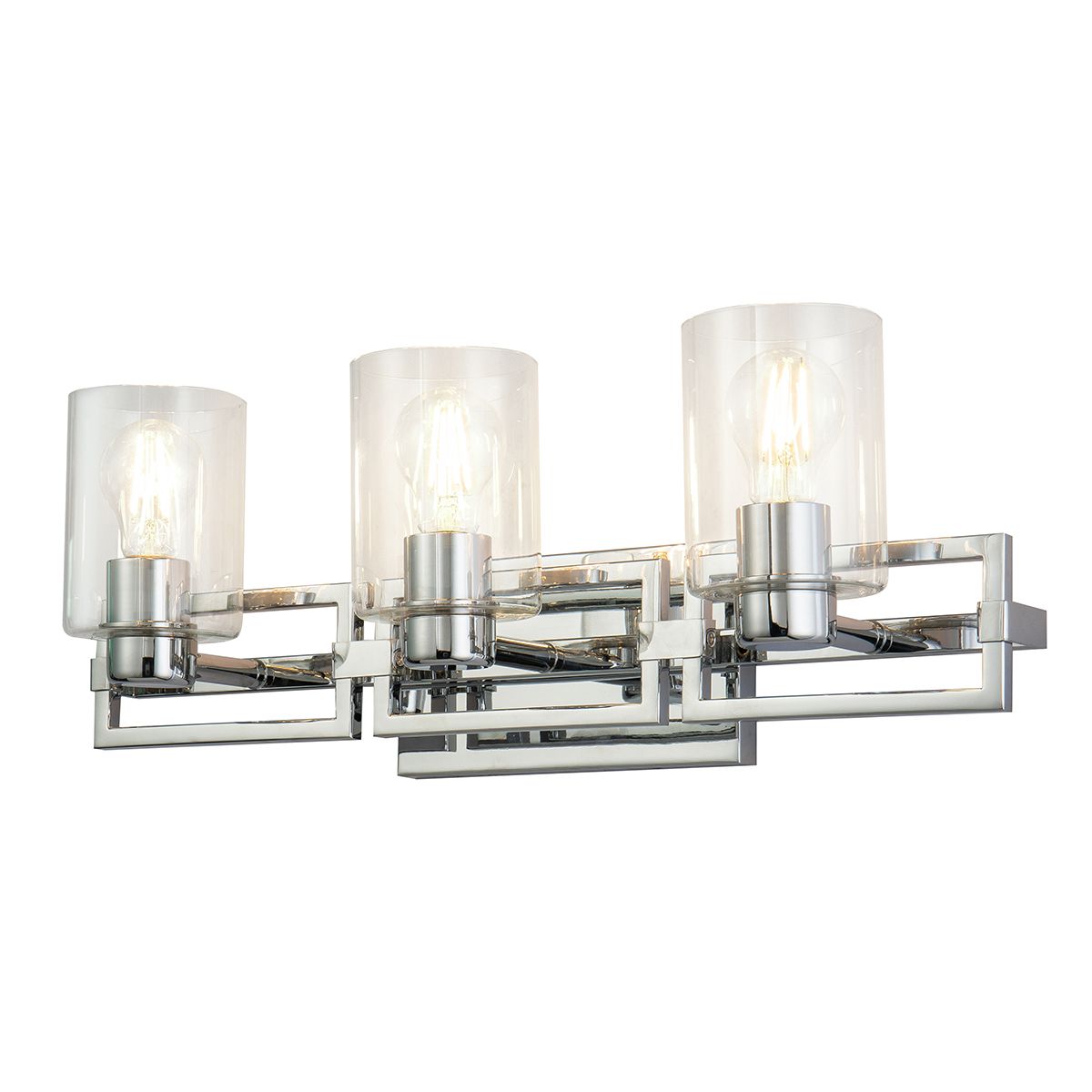 Lucas & McKearn Estes 3-Light Polished Chrome Wall Light With Cylinder Shape Clear Glass Shade