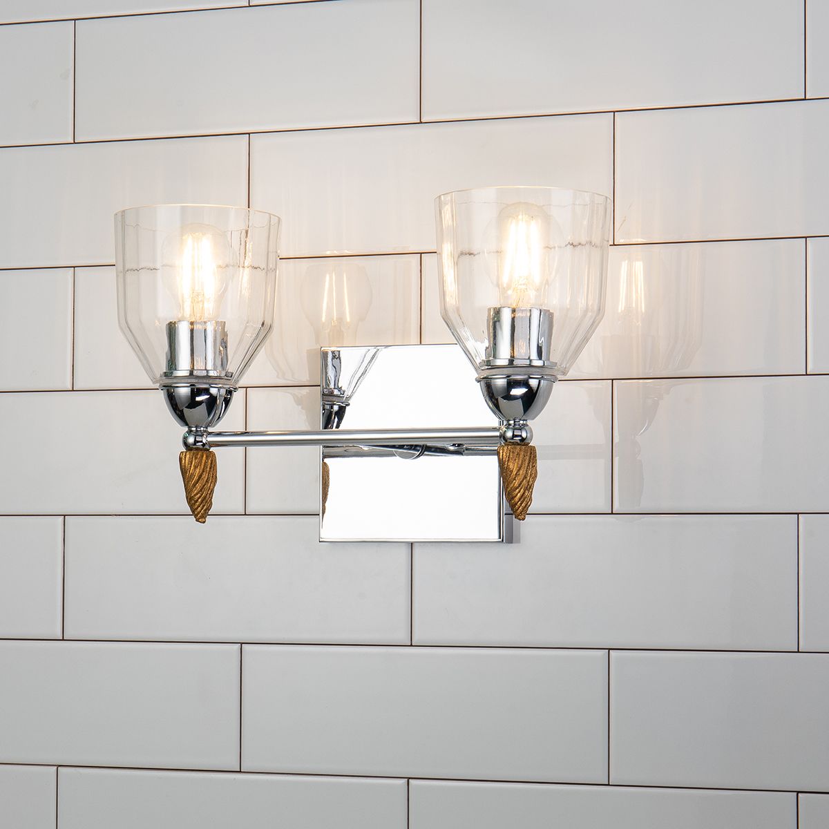 Lucas & McKearn Felice 2-Light Polished Chrome Wall Light With Acorn-Shaped Gold Accents