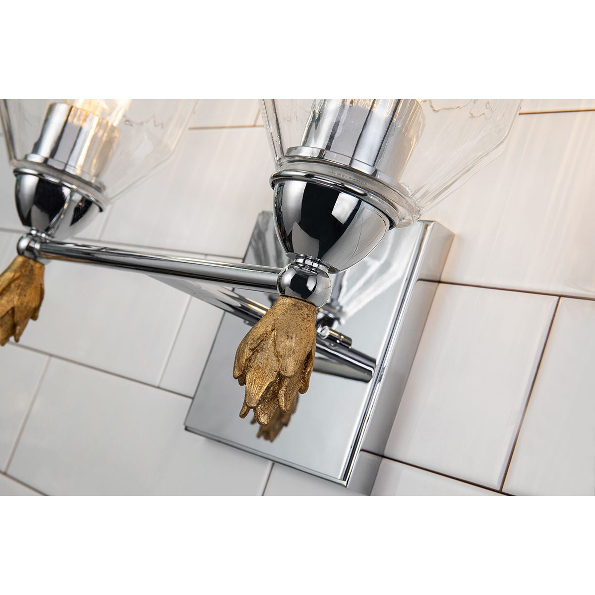 Lucas & McKearn Felice 2-Light Polished Chrome Wall Light With Flame-Shaped Gold Accents