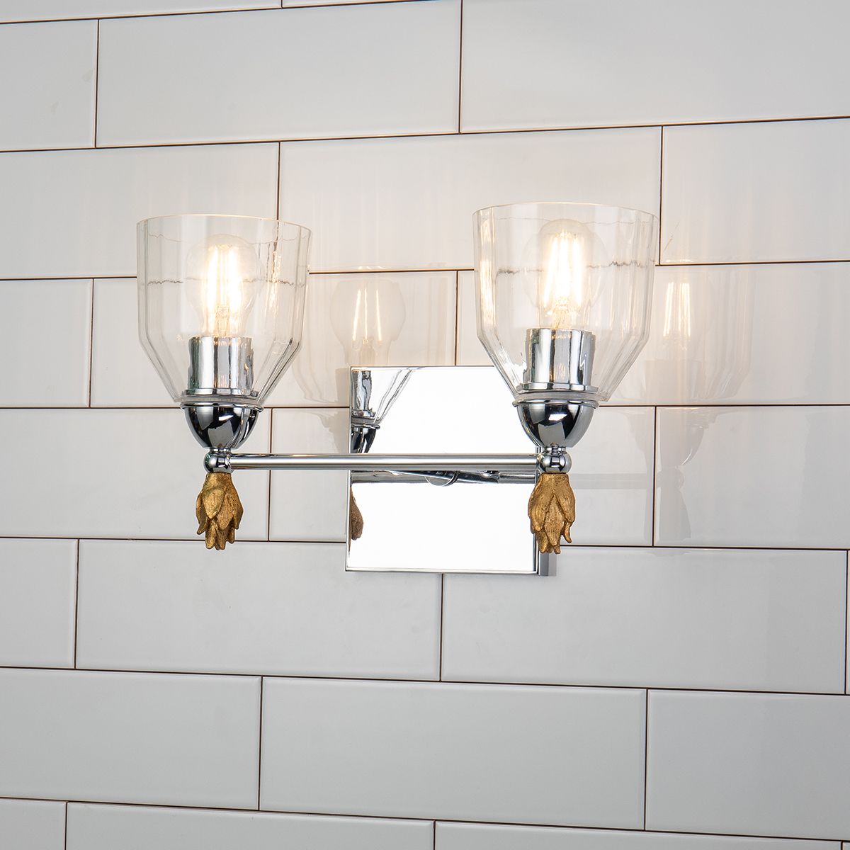 Lucas & McKearn Felice 2-Light Polished Chrome Wall Light With Flame-Shaped Gold Accents