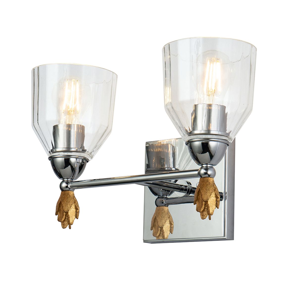 Lucas & McKearn Felice 2-Light Polished Chrome Wall Light With Flame-Shaped Gold Accents