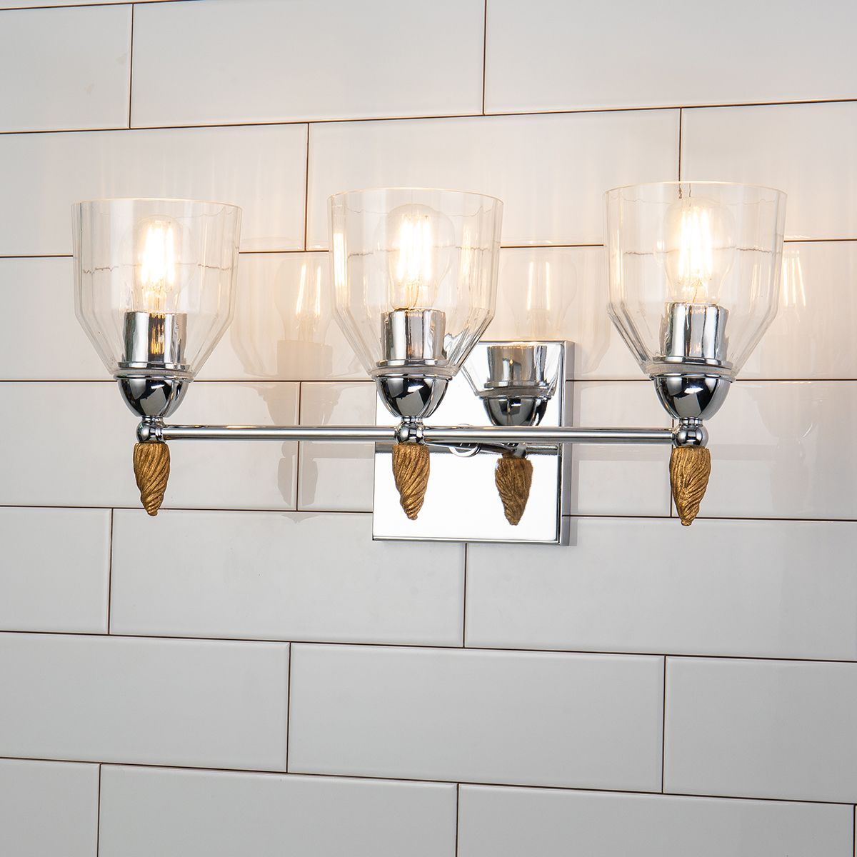 Lucas & McKearn Felice 3-Light Polished Chrome Wall Light With Acorn-Shaped Gold Accents