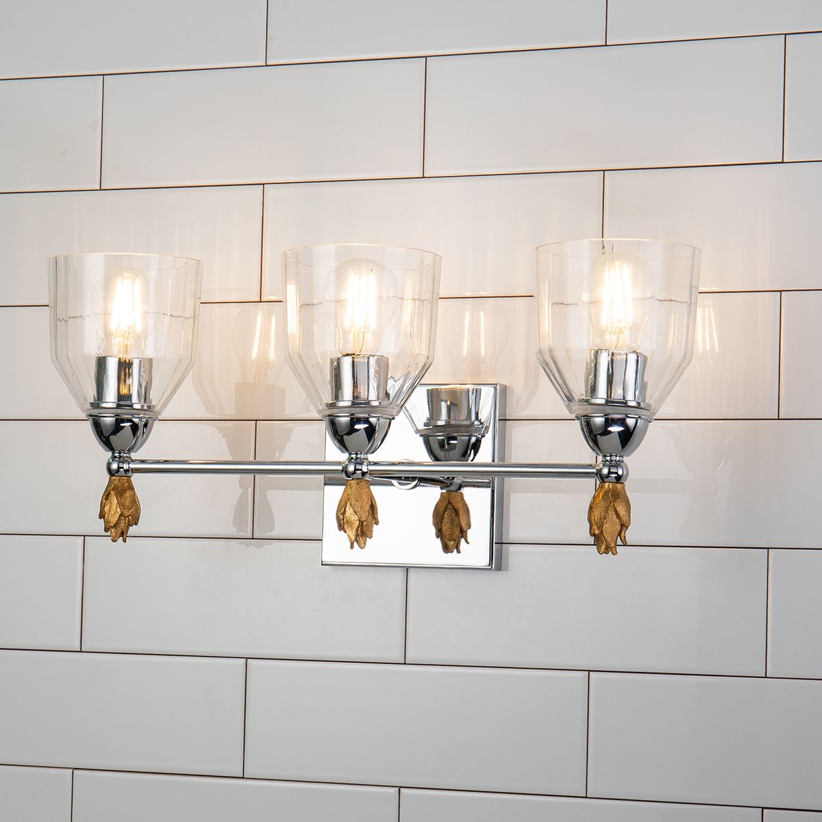 Lucas & McKearn Felice 3-Light Polished Chrome Wall Light With Flame-Shaped Gold Accents