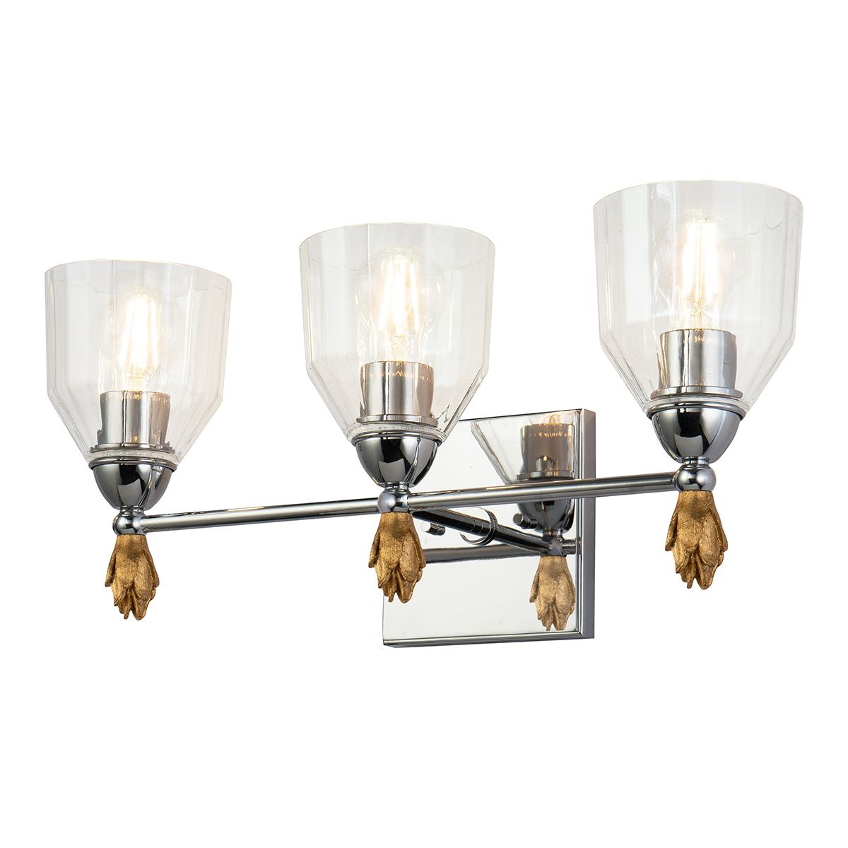 Lucas & McKearn Felice 3-Light Polished Chrome Wall Light With Flame-Shaped Gold Accents