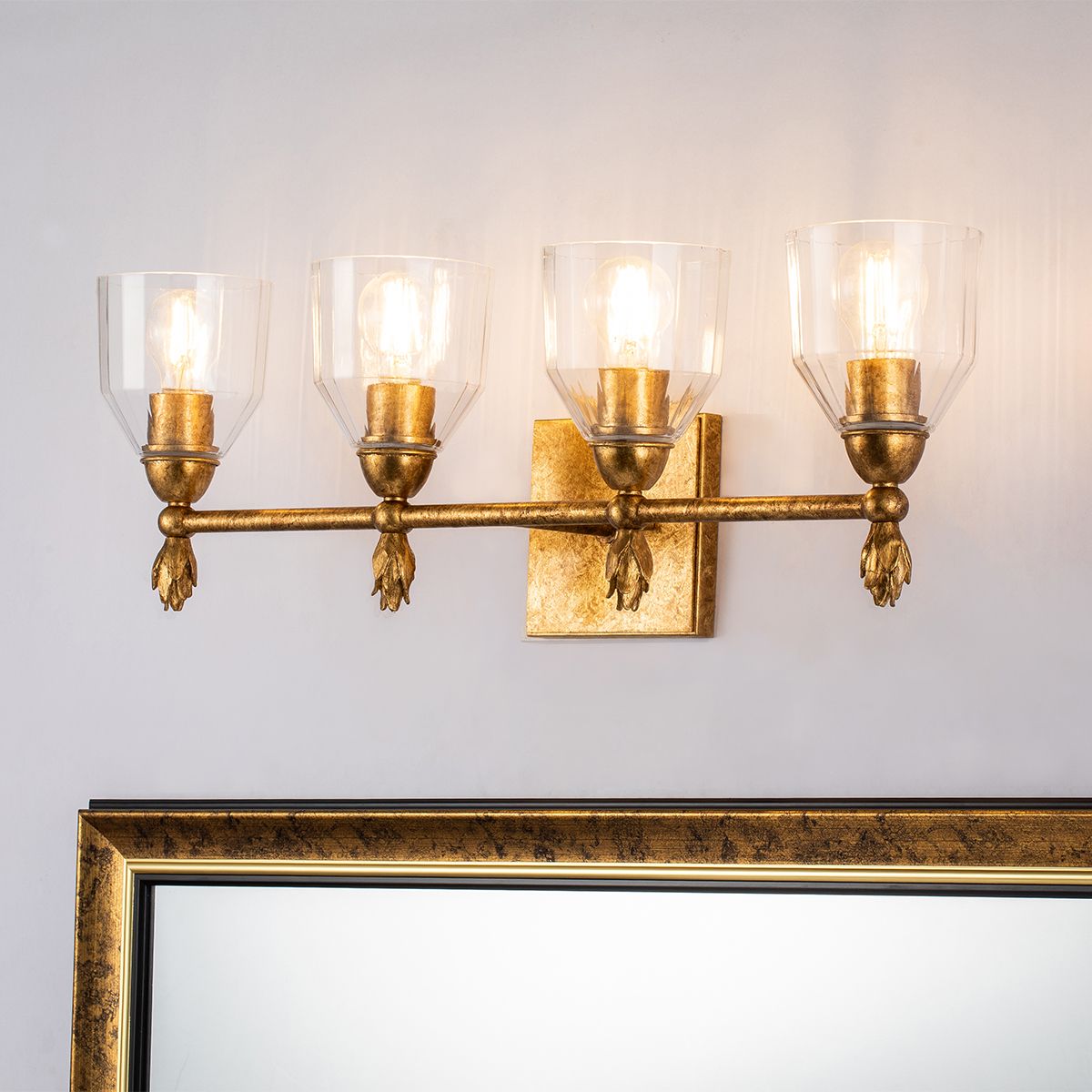 Lucas & McKearn Felice 4-Light Antique Gold Leaf Bar Light With Clear Glass Shade and Flame Gold Accent