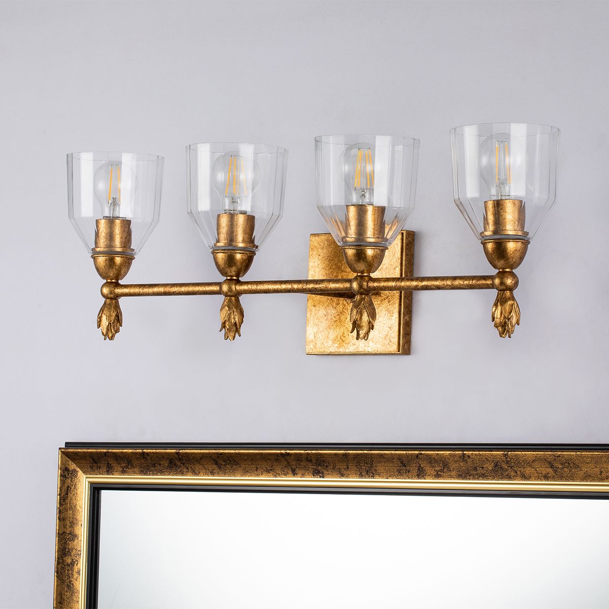 Lucas & McKearn Felice 4-Light Antique Gold Leaf Bar Light With Clear Glass Shade and Flame Gold Accent