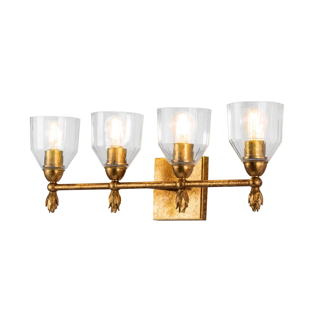 Lucas & McKearn Felice 4-Light Antique Gold Leaf Bar Light With Clear Glass Shade and Flame Gold Accent